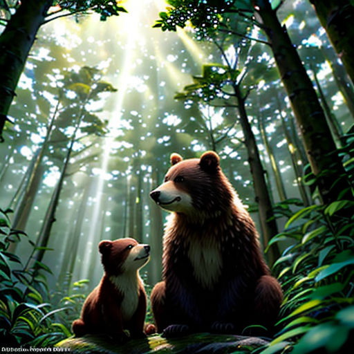 a bear and cub sitting in the woods looking at each other with sunlight streaming through the trees behind them