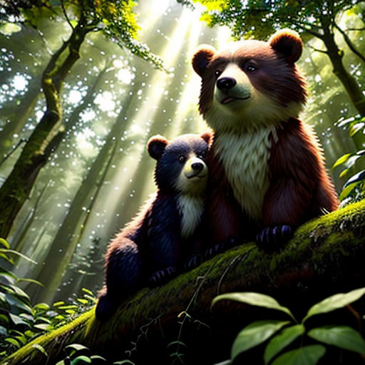 a bear and cub sitting on a tree in the woods with sunlight streaming through the trees behind them and a forest background