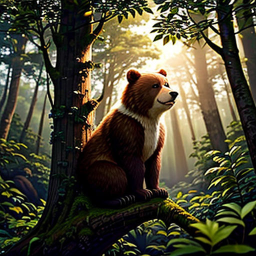 a bear sitting on a tree in the forest with the sun shining through the trees and the forest floor