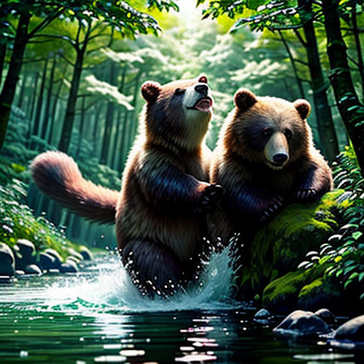 two bears are sitting on a log in the water and one bear is standing on its back legs and the other bear is sitting on its back