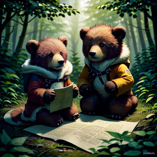 two bears are sitting in the woods reading a book together, with a book in their hands and a book in their lap