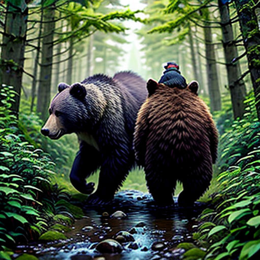 two bears walking through a forest with a stream in the foreground and a forest in the background with trees and rocks