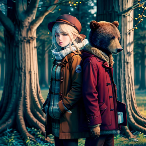 a woman and a bear standing in a forest with trees and grass in the background, with a red jacket and a brown hat