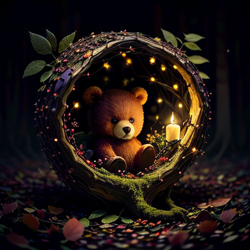 a teddy bear sitting in a basket with a candle in it's mouth and a tree branch with leaves around it