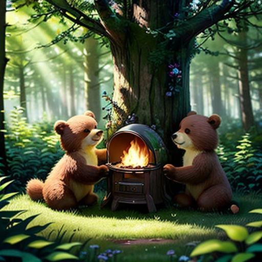 two teddy bears sitting in front of a fire in a forest with a tree and a forest background with a bear and a bear