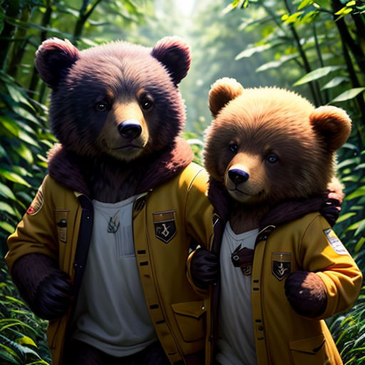 two bears dressed in yellow jackets standing in a forest with trees and plants behind them, one of them is holding the other