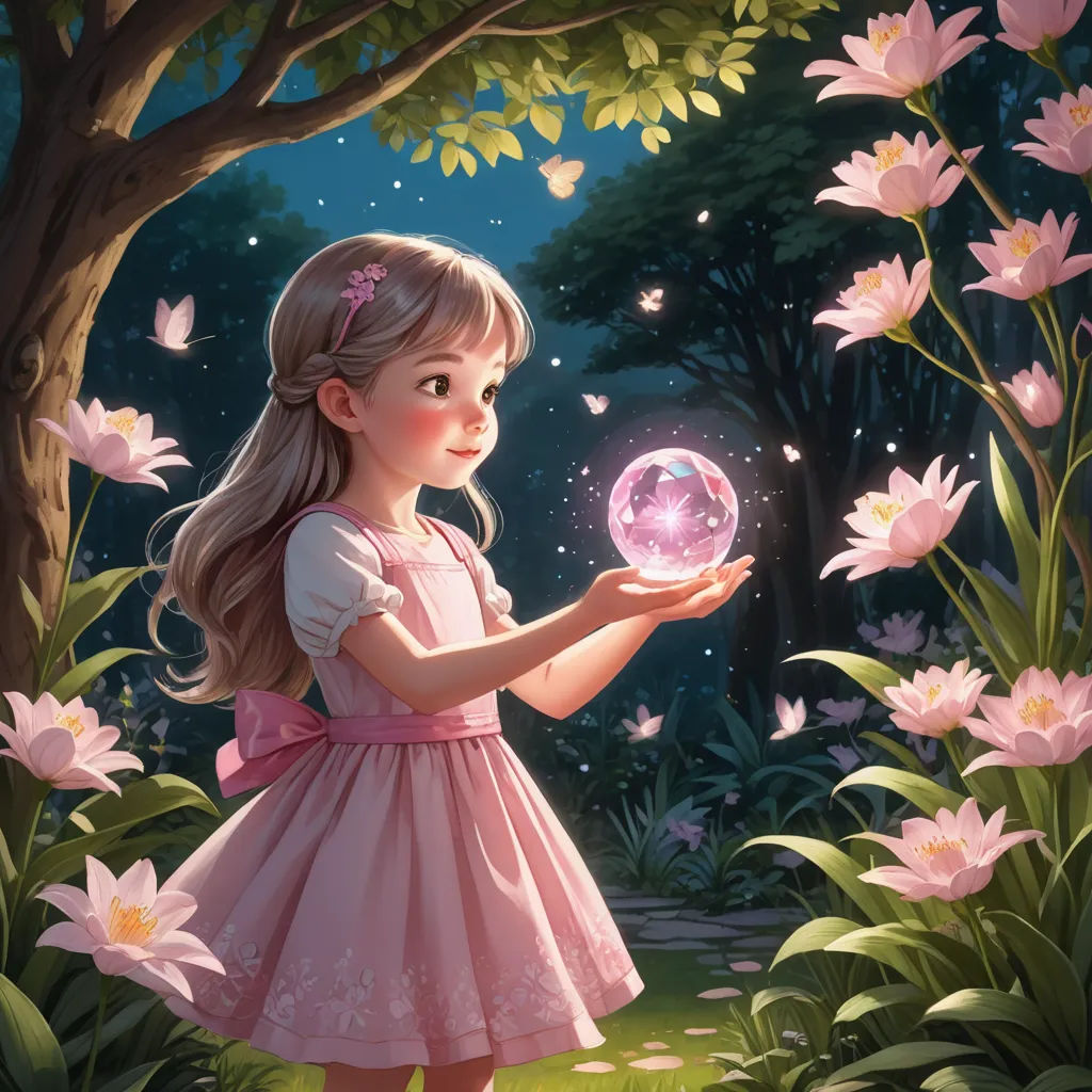 a little girl holding a crystal ball in a forest with pink flowers and butterflies around her, with a butterfly in the background, fantasy art, a storybook illustration, Artgerm, rossdraws global illumination
