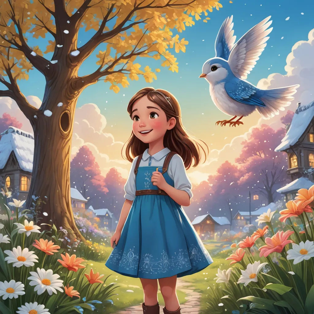 a girl in a blue dress standing in front of a tree with a bird flying over her head and a bird flying over her head, fantasy art, a storybook illustration, Chris LaBrooy, storybook illustration