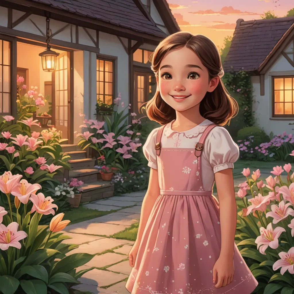a girl in a pink dress standing in front of a house with flowers in the yard and a sunset in the background, american scene painting, a storybook illustration, Bob Byerley, kinkade
