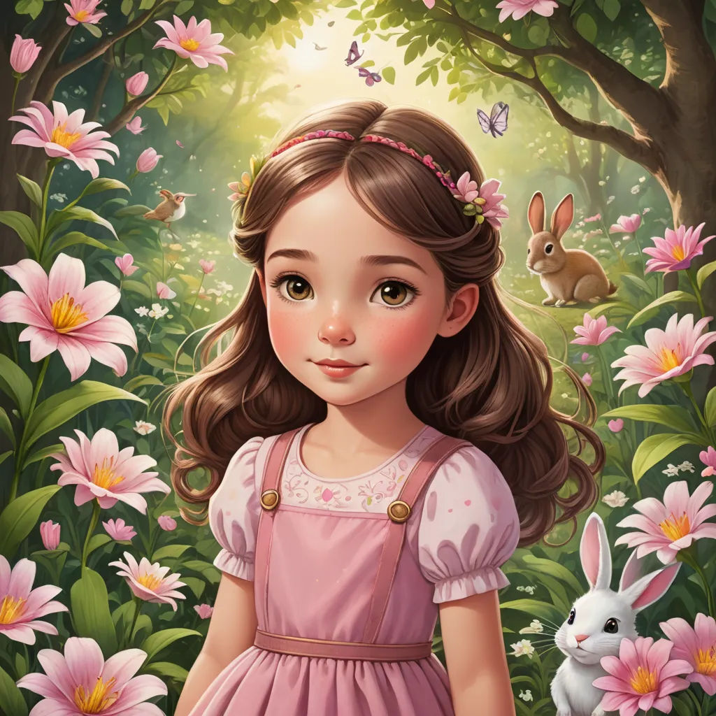 a painting of a girl in a pink dress standing in a forest with flowers and a bunny in front of her, fantasy art, a storybook illustration, Alice Prin, highly detailed digital painting