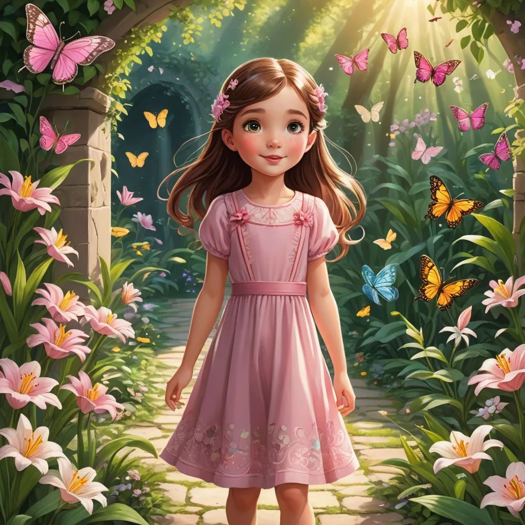 a little girl in a pink dress standing in a garden with butterflies around her and a butterfly archway in the background, magical realism, a storybook illustration, Alice Prin, kinkade
