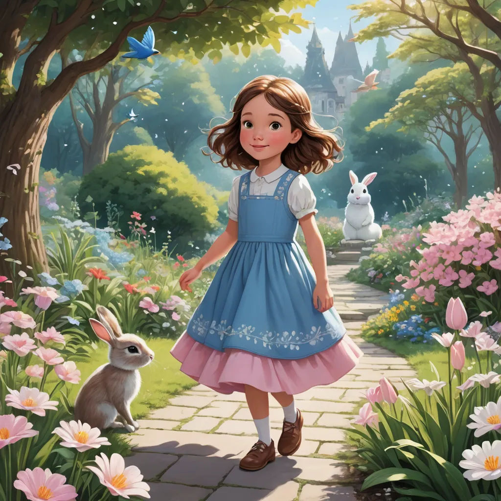a girl in a blue dress is standing in a garden with a rabbit and a castle in the background, magical realism, a storybook illustration, Alice Prin, rossdraws global illumination