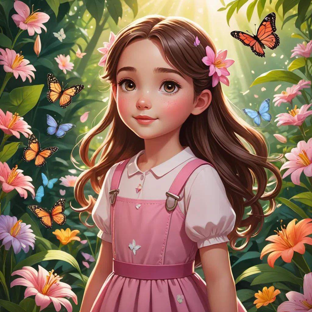 a girl in a pink dress standing in a field of flowers with butterflies flying around her and a butterfly in her hair, fantasy art, a detailed painting, Alice Prin, rossdraws global illumination