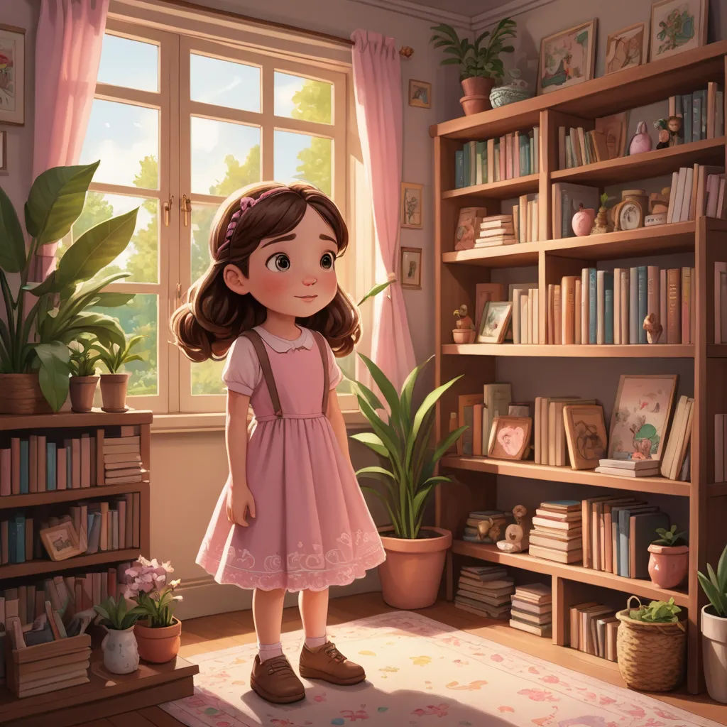 a girl in a pink dress standing in a room with a bookcase and a potted plant in the corner, photorealism, a storybook illustration, Chris LaBrooy, storybook illustration