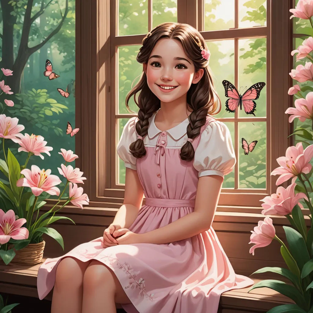 a painting of a girl sitting on a window sill with pink flowers in front of her and a butterfly flying overhead, fantasy art, a storybook illustration, Artgerm, rossdraws global illumination
