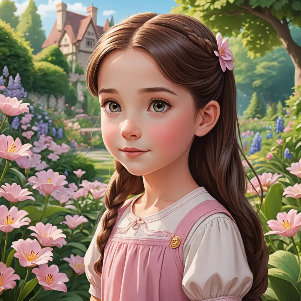 a painting of a girl in a pink dress standing in a garden with pink flowers and a house in the background, fantasy art, a storybook illustration, Alice Prin, cgstudio