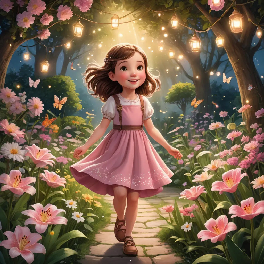 a little girl in a pink dress walking through a garden with flowers and lights on the ceiling and a lantern, fantasy art, a storybook illustration, Alice Prin, rossdraws global illumination
