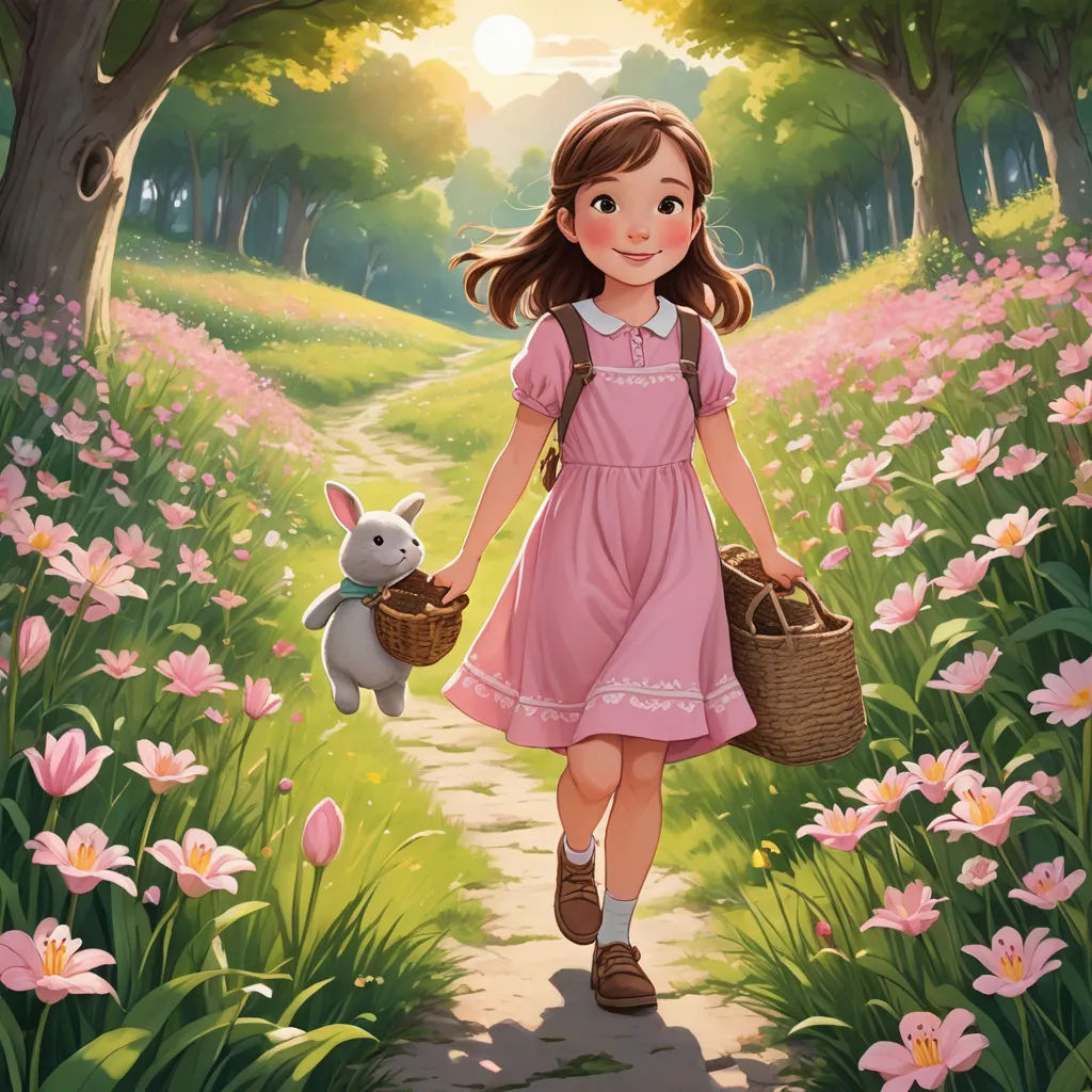a girl in a pink dress is walking through a field with flowers and a bunny in a basket and a basket of eggs, magical realism, a storybook illustration, Alice Prin, official art