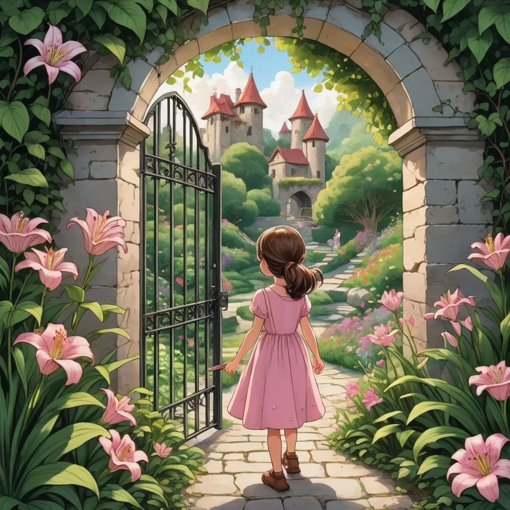 a little girl in a pink dress is walking into a gated garden with flowers and a castle in the background, fantasy art, a storybook illustration, Alice Prin, storybook illustration