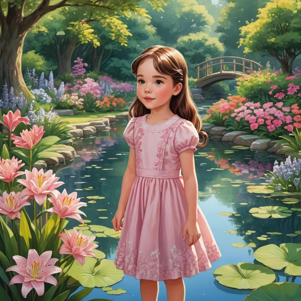 a painting of a little girl in a pink dress standing in front of a pond of flowers and lily pads, fantasy art, a storybook illustration, Alice Prin, kinkade
