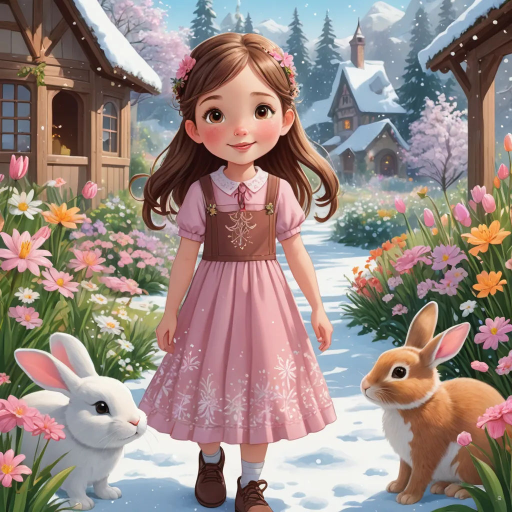 a girl in a pink dress standing next to a rabbit in a snow covered field with flowers and a house, fantasy art, a storybook illustration, Alice Prin, storybook illustration