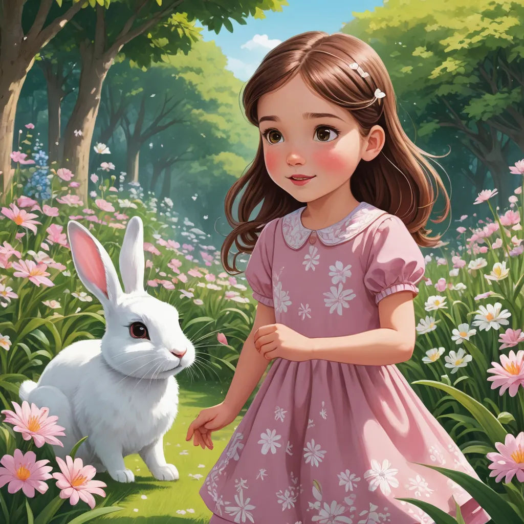 a little girl in a pink dress standing next to a white rabbit in a field of flowers and trees, magical realism, a storybook illustration, Alice Prin, storybook illustration