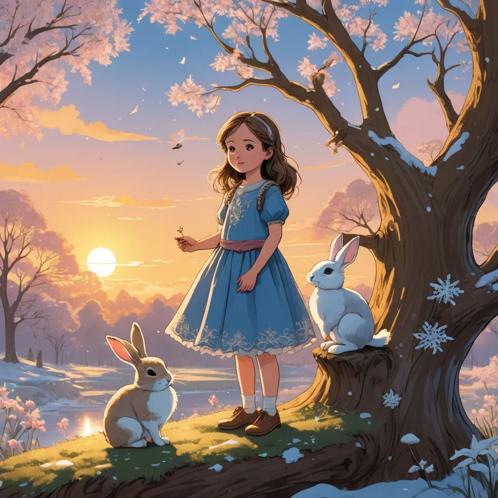 a girl standing next to a tree with two rabbits in front of it and a sunset behind her,, fantasy art, a storybook illustration, Alice Prin, rossdraws global illumination