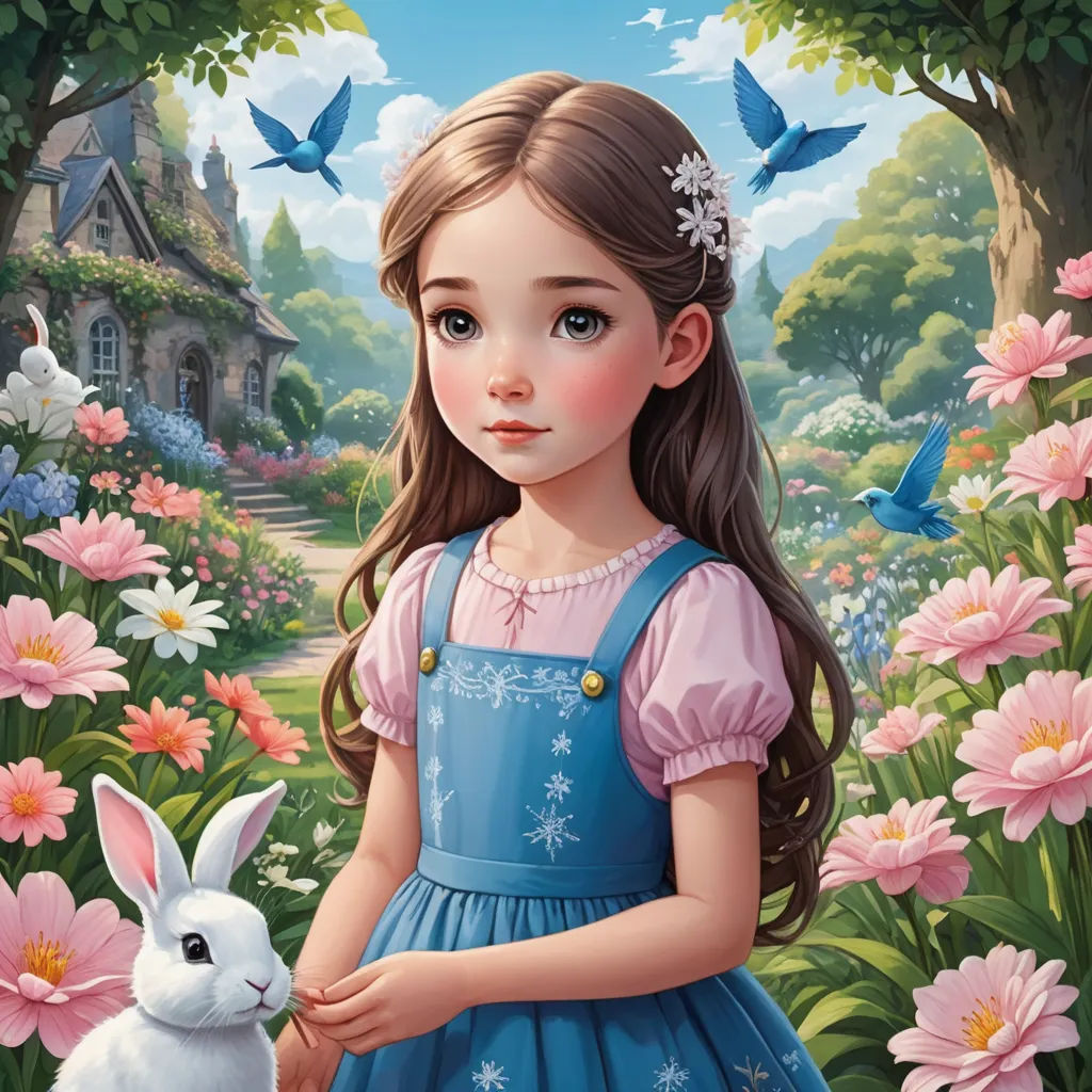 a girl in a blue dress holding a white rabbit in a garden with pink flowers and butterflies flying around, fantasy art, a storybook illustration, Alice Prin, highly detailed digital painting