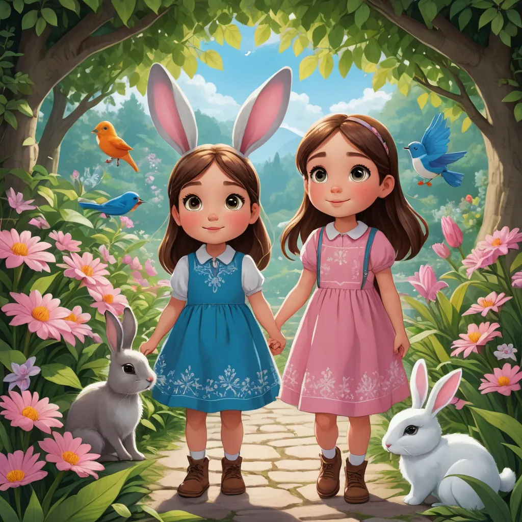 two girls in dresses holding hands in a forest with rabbits and flowers on the ground and a bird on the tree, naive art, a storybook illustration, Alice Prin, rossdraws global illumination
