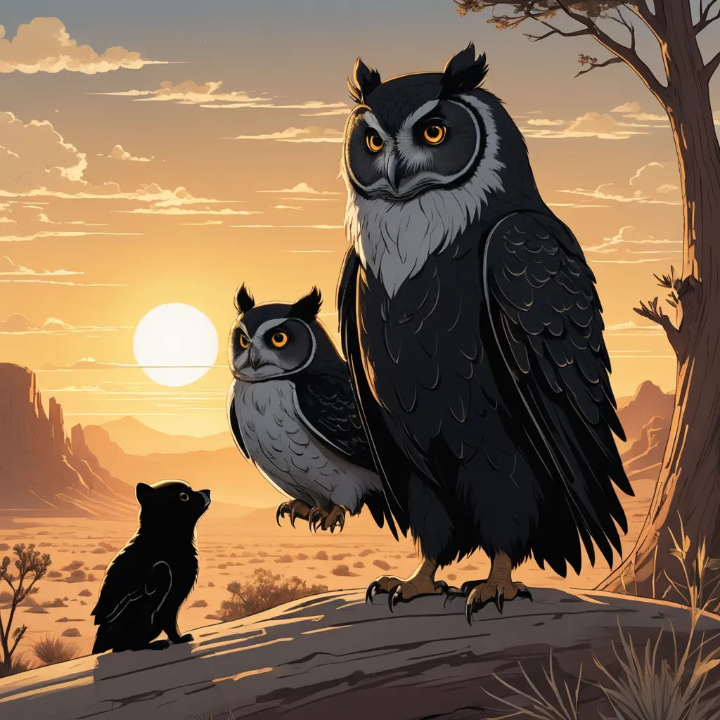 a couple of owls sitting on top of a tree branch next to a bear in a desert landscape at sunset, fantasy art, a storybook illustration, Dan Mumford, rossdraws global illumination