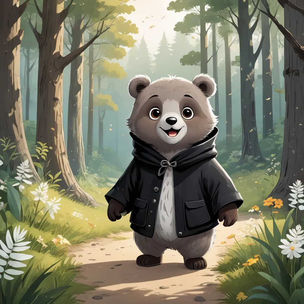 a cartoon bear in a black jacket and tie walking in the woods with a forest background and flowers on the ground, sots art, a character portrait, Chris LaBrooy, official art