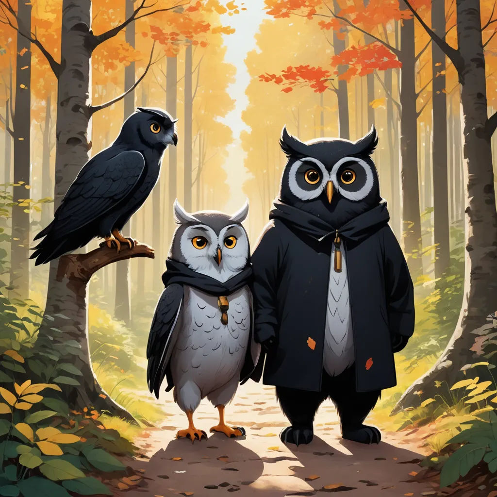 two owls dressed in black standing next to each other on a path in the woods with trees and leaves, fantasy art, a storybook illustration, Chris LaBrooy, trending on art station