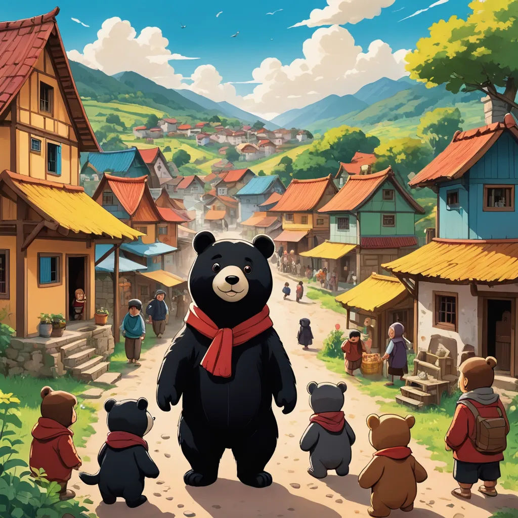 a cartoon bear standing in front of a village with a group of bears in front of it and a man in a red scarf, furry art, a storybook illustration, Chris LaBrooy, official art