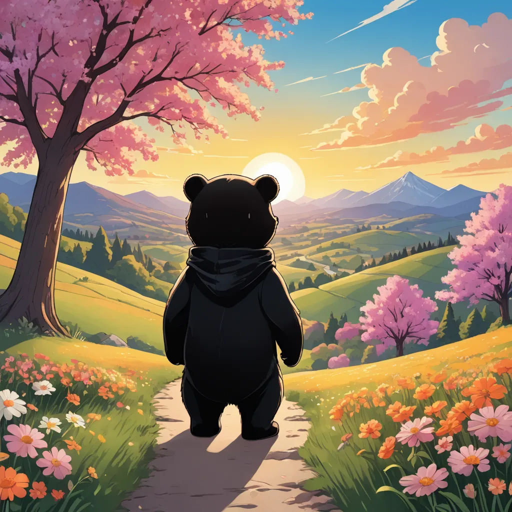 a bear that is standing in the grass near a tree and flowers with a sunset in the background and a mountain range, aestheticism, a storybook illustration, Chris LaBrooy, official art
