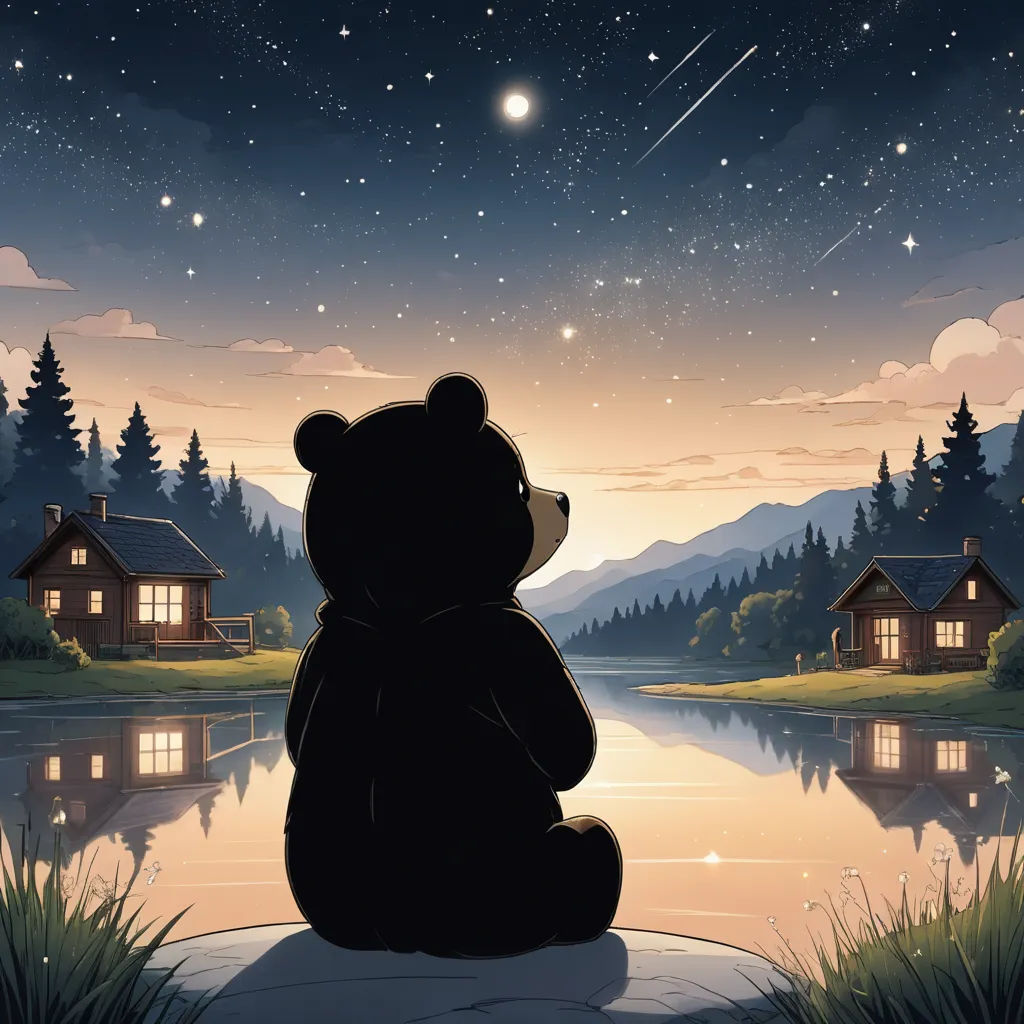 a bear sitting on a rock looking at the stars in the sky above a lake and cabin on a hill, space art, a storybook illustration, Dan Mumford, official art