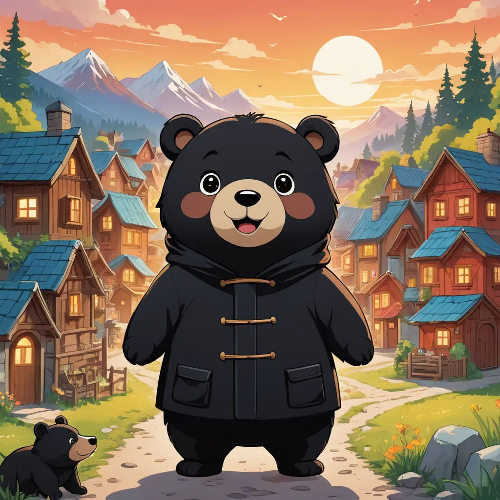 a bear in a black jacket standing in front of a village with a bear on the ground and a bear on the ground, sots art, a character portrait, Cui Bai, official art