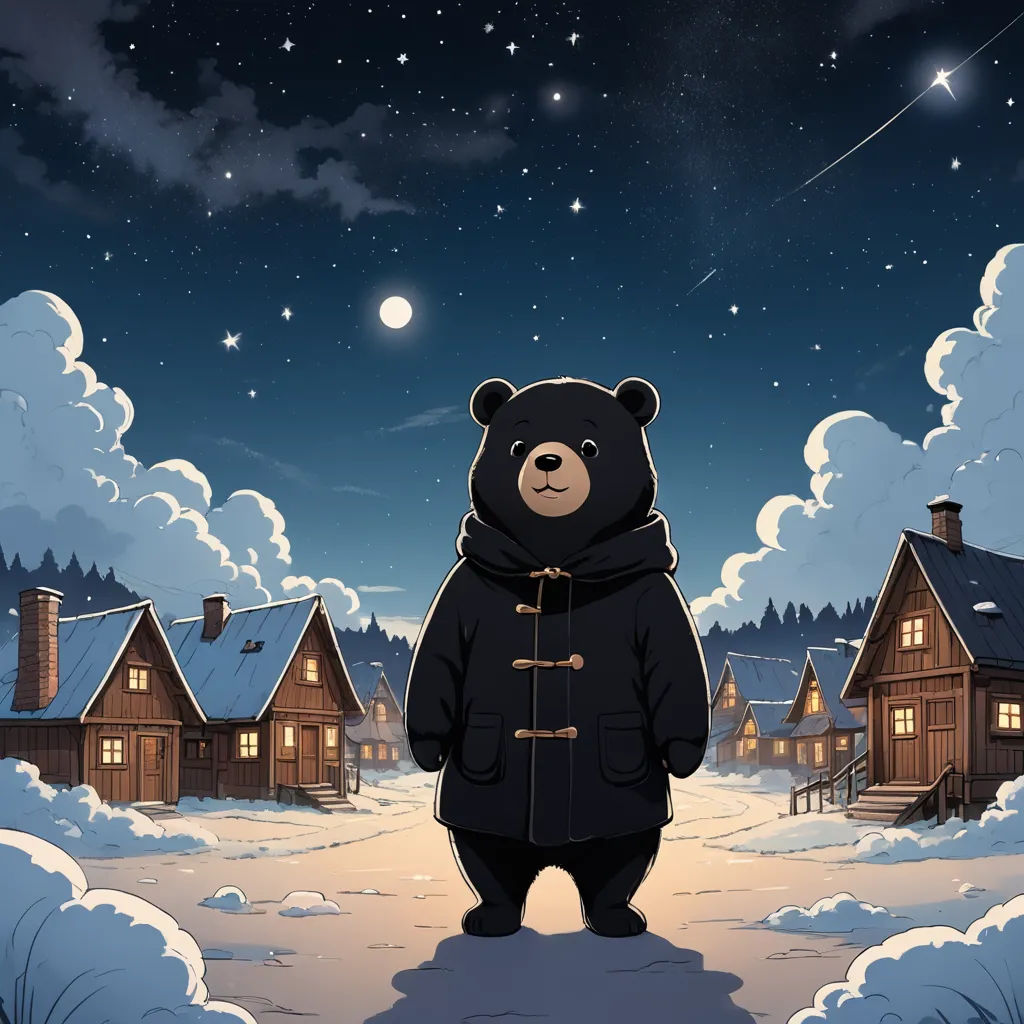 a bear standing in the snow in front of a snowy village at night with a full moon in the sky, space art, a storybook illustration, Chris LaBrooy, dark background