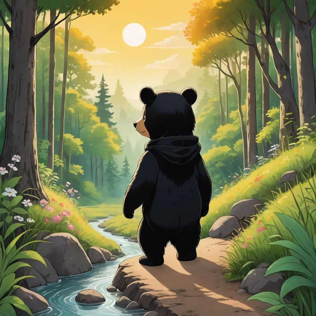 a bear that is walking in the woods by a stream of water and trees with a sun in the background, environmental art, an album cover, Chris LaBrooy, official art