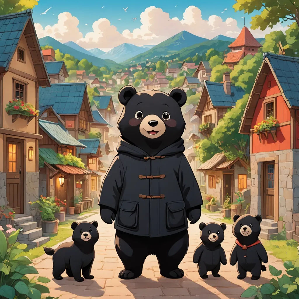 a bear family standing in front of a village with a mountain in the background and a sky background with clouds, furry art, a character portrait, Chris LaBrooy, official art