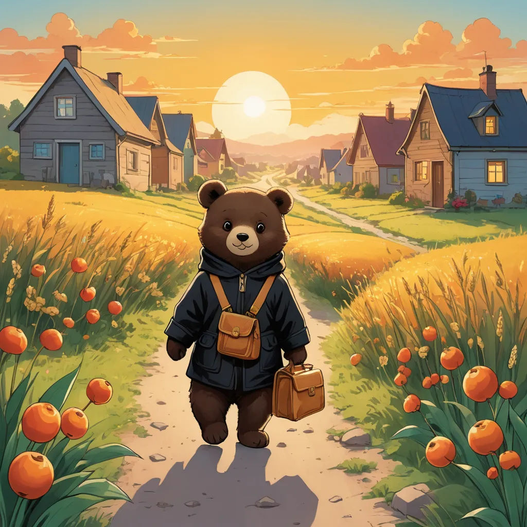 a bear that is walking down a path in the grass with a bag and a suitcase in his hand, magical realism, a storybook illustration, Chris LaBrooy, official art