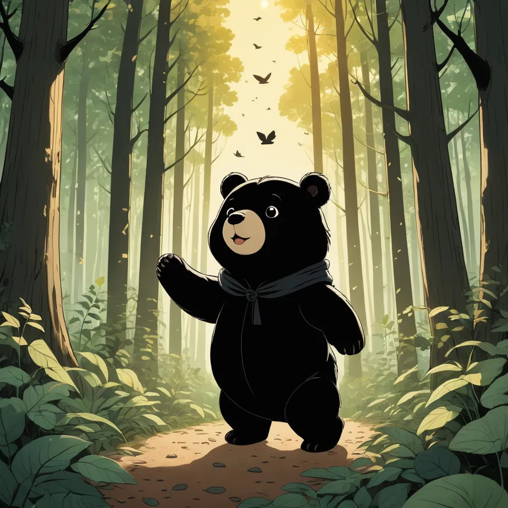 a bear standing in the middle of a forest with a butterfly flying overhead in the background of the picture, serial art, a storybook illustration, Choi Buk, official art