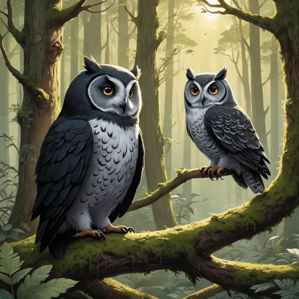 two owls sitting on a tree branch in a forest with sunlight coming through the trees and leaves on the ground, fantasy art, a digital painting, Dan Mumford, highly detailed digital painting