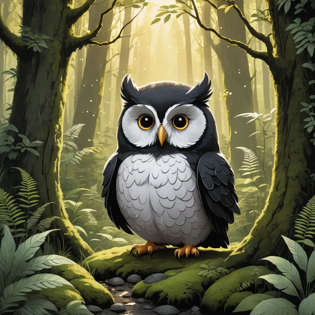 a painting of an owl sitting on a mossy branch in a forest with sunlight streaming through the trees, fantasy art, a storybook illustration, Chris LaBrooy, magic the gathering artwork