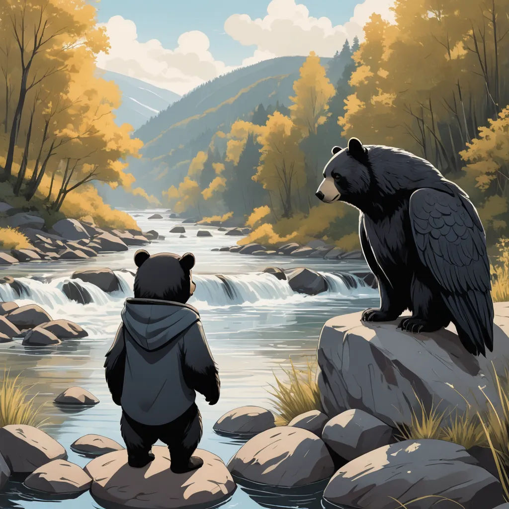 a bear and a bear cub standing on rocks near a river and a mountain range with trees and a stream, environmental art, a storybook illustration, Dan Mumford, storybook illustration