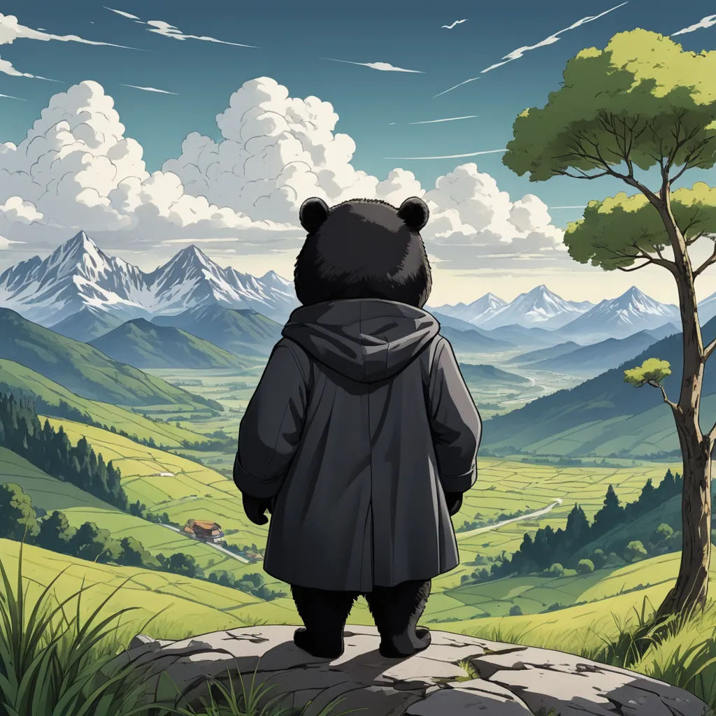 a bear standing on a rock looking at a valley and mountains with a sky background and clouds in the sky, fantasy art, an album cover, Chris LaBrooy, official art