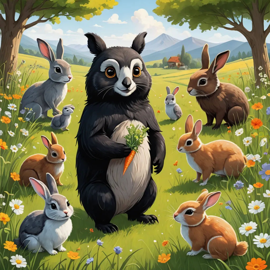 a painting of a group of rabbits in a field with trees and flowers in the background, with a black bear holding a carrot, furry art, a storybook illustration, Chris LaBrooy, official art