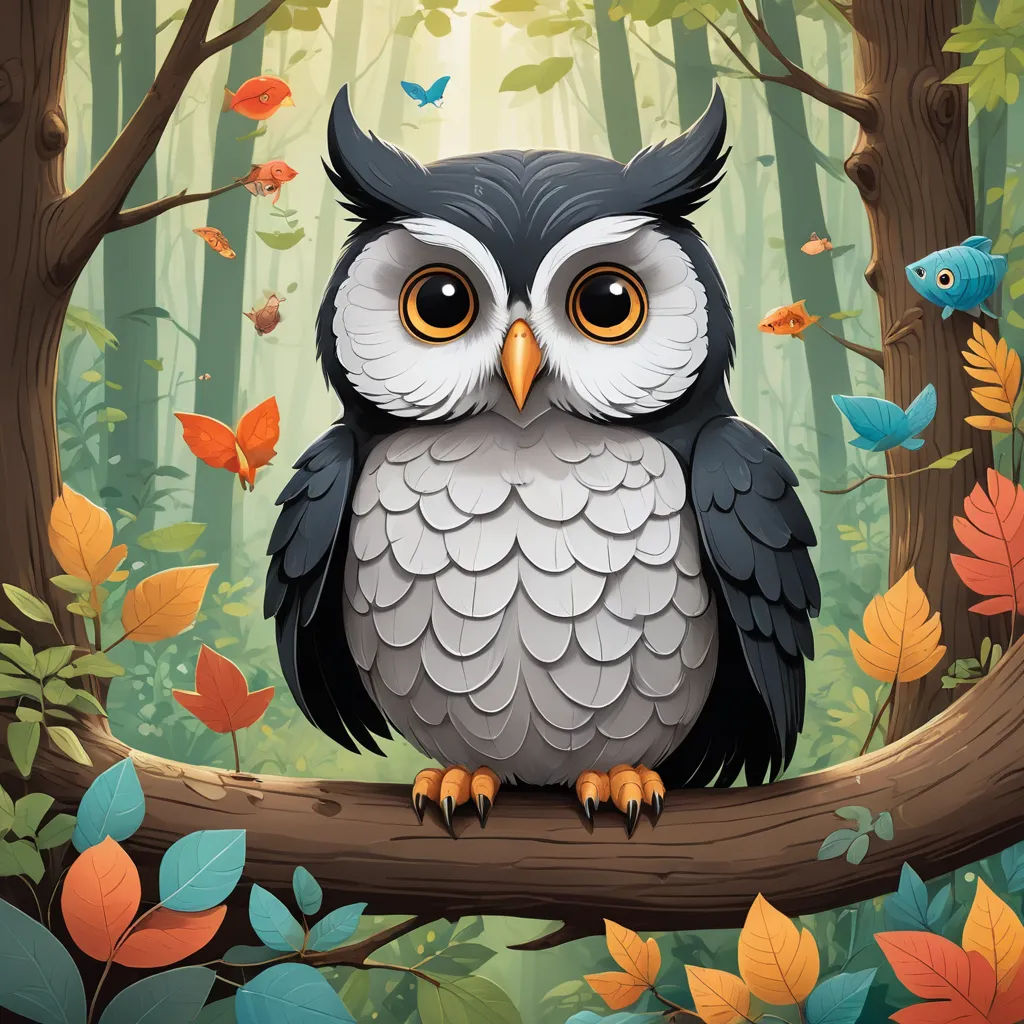 a cartoon owl sitting on a branch in a forest with butterflies and leaves around it, with a bright light shining on the background, fantasy art, a storybook illustration, Chris LaBrooy, behance hd