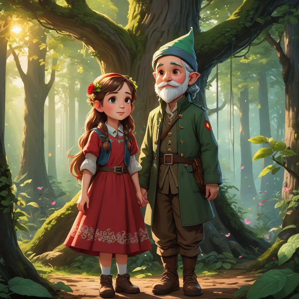 a painting of a man and a girl standing in the woods together, with a forest background and a sun shining through the trees, sots art, a storybook illustration, Diego Gisbert Llorens, official art