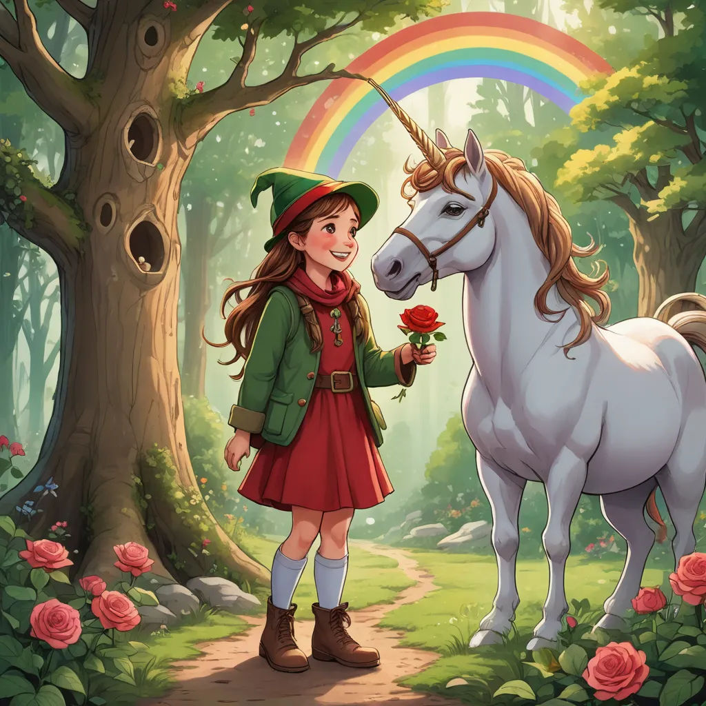 a girl in a red dress standing next to a white horse in a forest with a rainbow in the background, fantasy art, a storybook illustration, Anne Stokes, storybook illustration