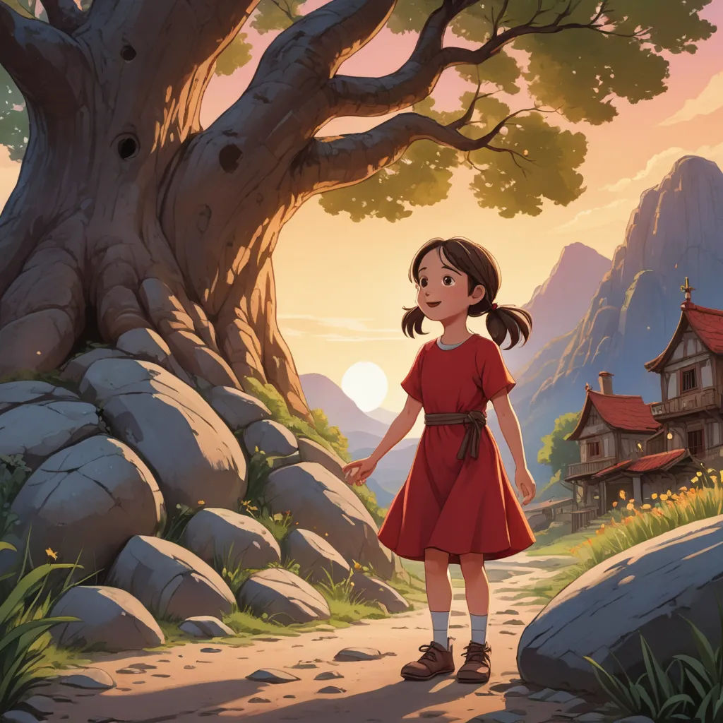 a girl in a red dress standing in front of a tree and a house with a red roof and a red roof, magical realism, a storybook illustration, Cliff Childs, ghibli